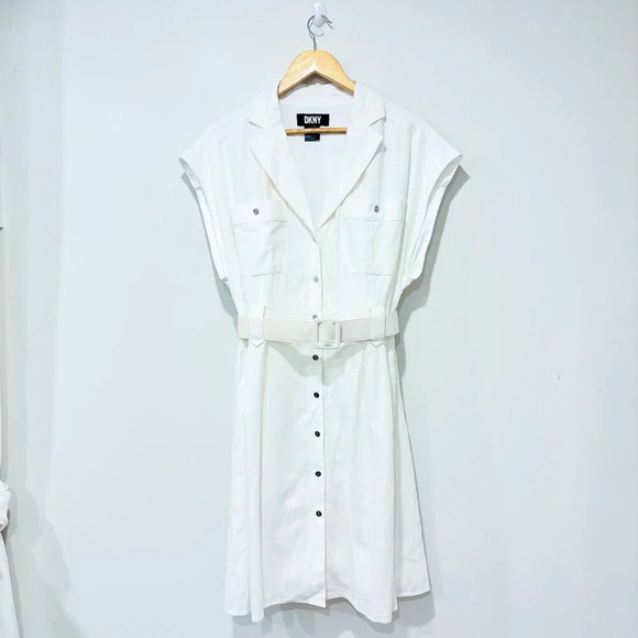 DKNY Women's Notched Collar V-Neck Belted Shirtdress - Picture 3 of 9